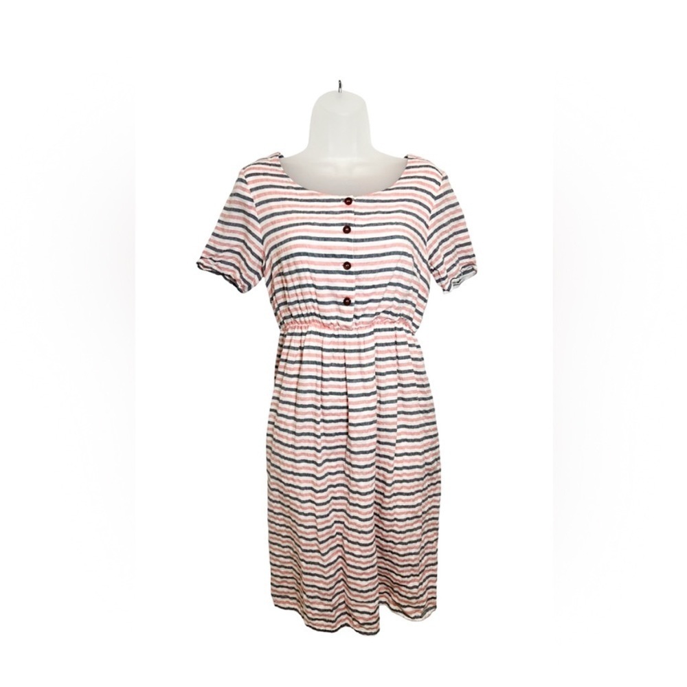Mikarose Striped Button Front Gathered Waist Midi Dress Women’s Size Small